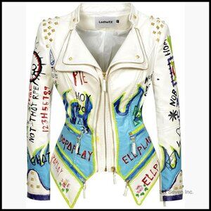 Faux Leather Hand Painted Graffiti Studded Rivet Moto Jacket Zip-up Slim Fit